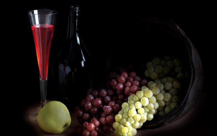 фон, виноград, бокал, яблоко, вино, бутылка, background, grapes, glass, apple, wine, bottle