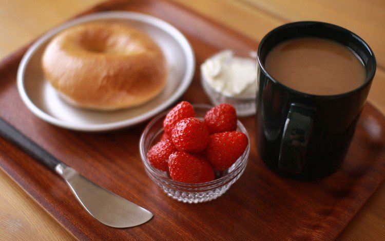 ягода, клубника, кофе, чашка, завтрак, нож, сдоба, berry, strawberry, coffee, cup, breakfast, knife, muffin