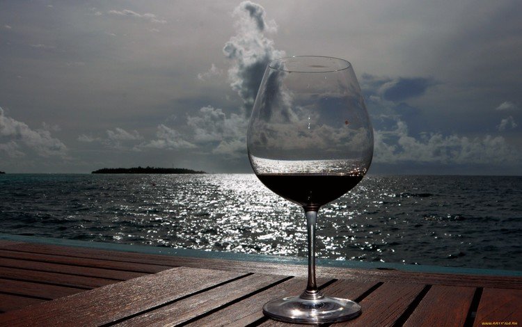 небо, море, бокал, вино, the sky, sea, glass, wine