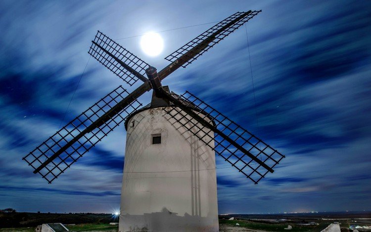 ночь, тучи, луна, испания, ветряная мельница, night, clouds, the moon, spain, windmill