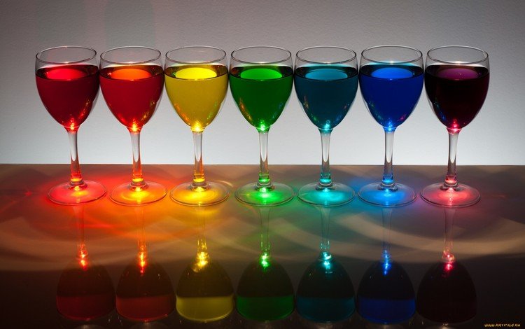 отражение, цвет, радуга, напитки, бокалы, жидкость, reflection, color, rainbow, drinks, glasses, liquid