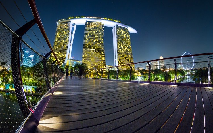 огни, вечер, мост, сингапур, lights, the evening, bridge, singapore