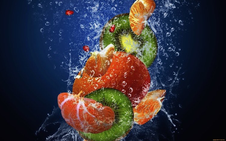 вода, свежие, капли, фрукты, брызги, киви, мандарин, синий фон, гранат, water, fresh, drops, fruit, squirt, kiwi, mandarin, blue background, garnet
