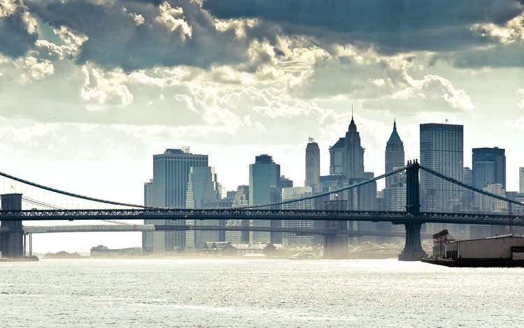 река, панорама, мост, небоскребы, сша, нью-йорк, манхэттен, бруклинский мост, river, panorama, bridge, skyscrapers, usa, new york, manhattan, brooklyn bridge
