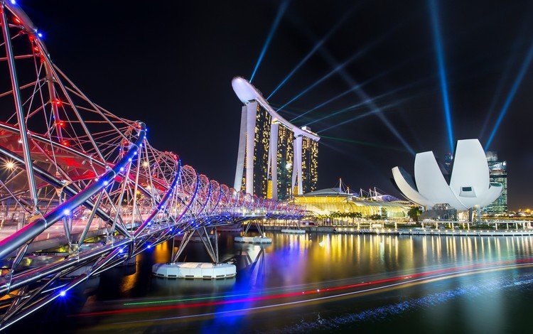 ночь, огни, мост, отель, сингапур, marina bay sands, night, lights, bridge, the hotel, singapore