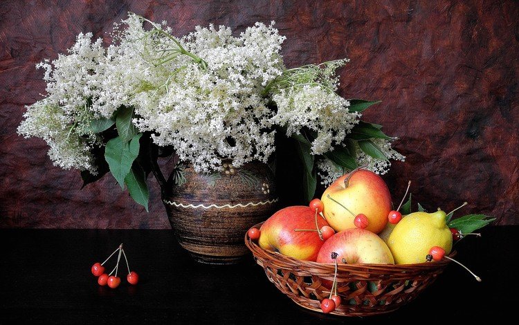 цветы, натюрморт, ягода, фрукты, черешня, лимон, темный фон, яблоко, ваза, flowers, still life, berry, fruit, cherry, lemon, the dark background, apple, vase