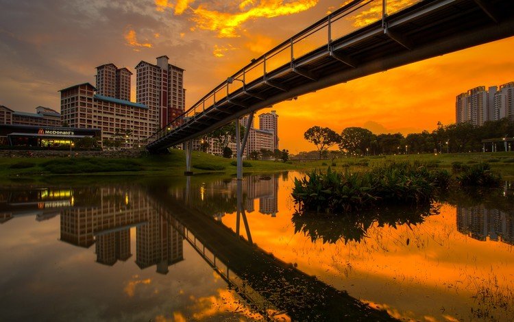 закат, мост, сингапур, бишен парк, sunset, bridge, singapore, bishan park