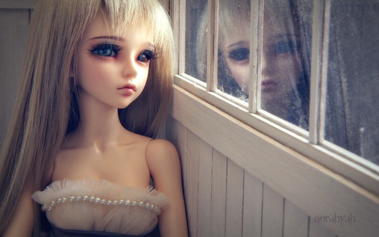 отражение, блондинка, кукла, игрушки, окно, reflection, blonde, doll, toys, window