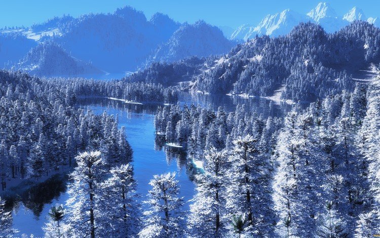 деревья, река, горы, снег, природа, зима, trees, river, mountains, snow, nature, winter