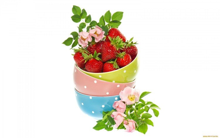 ягода, клубника, шиповник, миски, berry, strawberry, briar, bowls