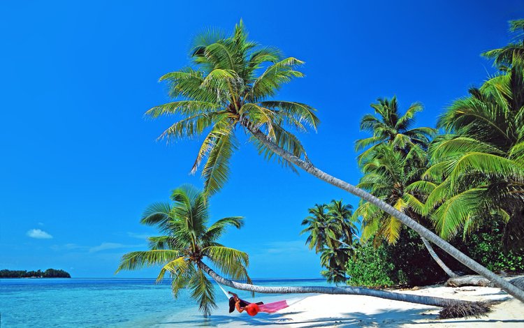 девушка, море, пляж, отдых, остров, гамак, тропики, мальдивы, girl, sea, beach, stay, island, hammock, tropics, the maldives