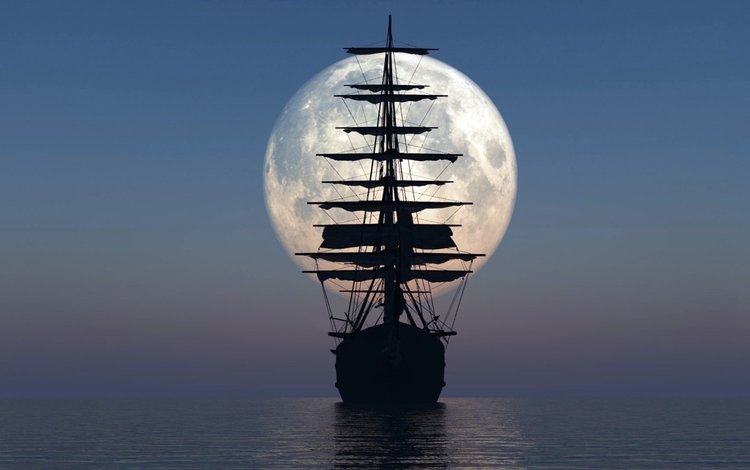 небо, корабль, луна, океан, мачты, 3d-графика, the sky, ship, the moon, the ocean, mast, 3d graphics