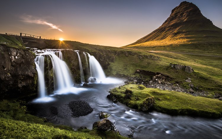 природа, камни, гора, мост, водопад, исландия, киркьюфетль, киркьюфедль, nature, stones, mountain, bridge, waterfall, iceland, kirkjufell