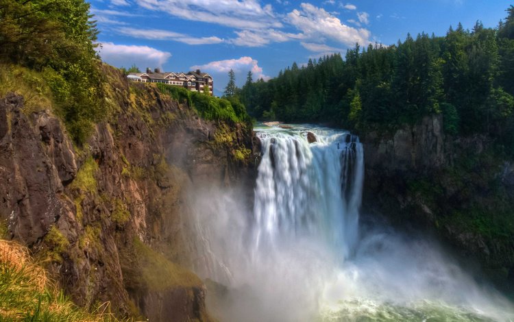 водопад, поток, дом, обрыв, snoqualmie falls, waterfall, stream, house, open