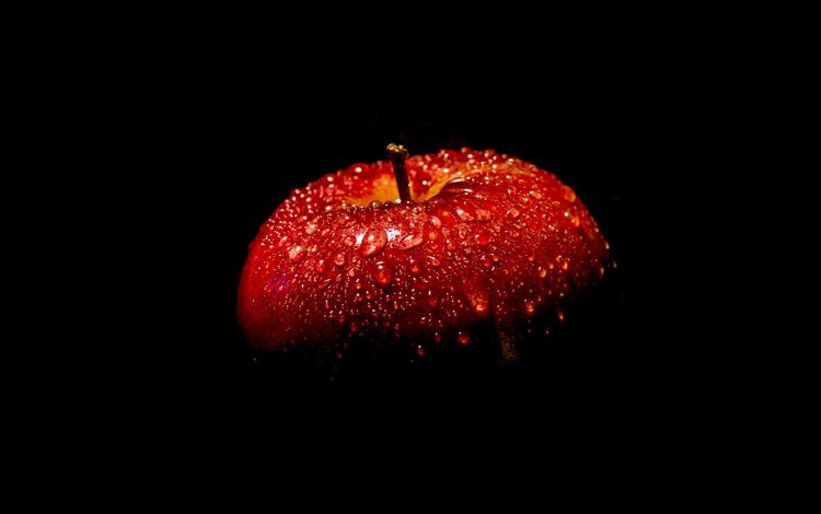 капли, фрукты, черный фон, яблоко, красное, drops, fruit, black background, apple, red