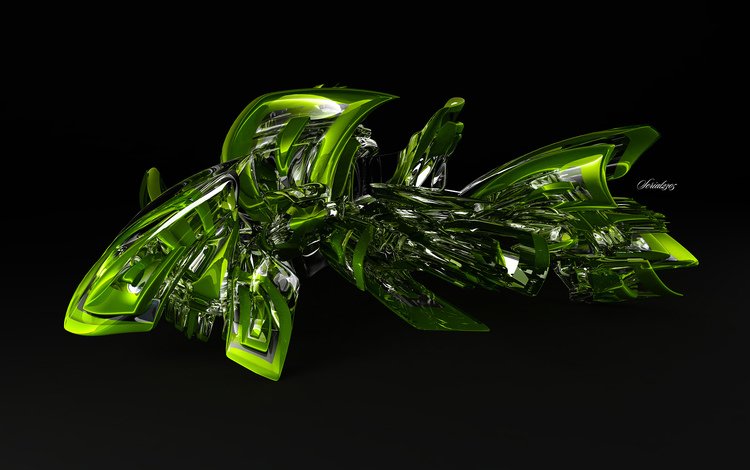 зелень, форма, черный фон, конструкция, завитушка, 3d glass, serialism 2 0, 3d графика, greens, form, black background, design, twirl, 3d graphics