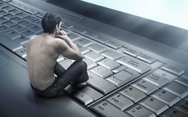 парень, клавиатура, спина, ноутбук, guy, keyboard, back, laptop