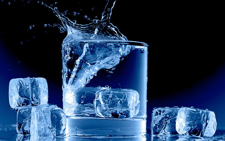 вода, лёд, всплеск, стакан, кубики льда, water, ice, splash, glass, ice cubes