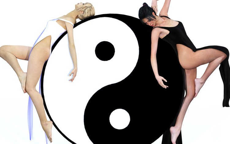 девушки, белый фон, черное, белое, 3д, инь янь, girls, white background, black, white, 3d, yin yang
