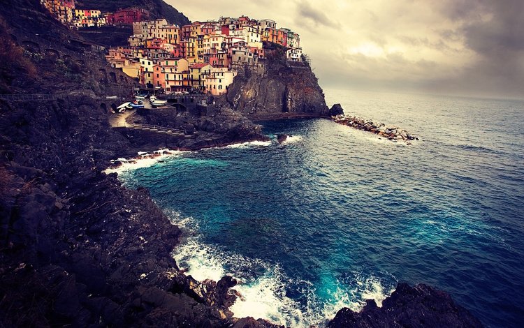 скалы, пейзаж, море, побережье, дома, италия, манарола, rocks, landscape, sea, coast, home, italy, manarola