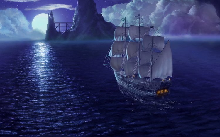 небо, ночь, море, корабль, луна, рендеринг, паруса, the sky, night, sea, ship, the moon, rendering, sails