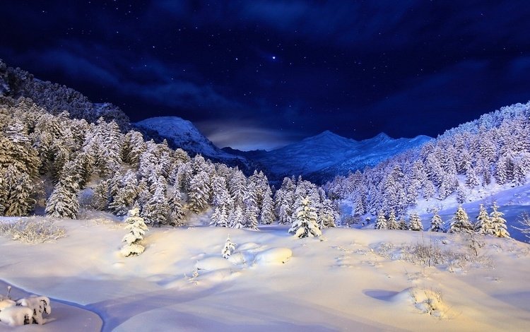зимняя ночь в горах, winter night in the mountains