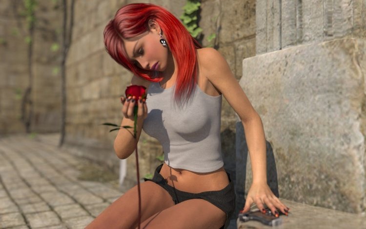 девушка, рендеринг, лицо, сёрьги, красные волосы, girl, rendering, face, earrings, red hair
