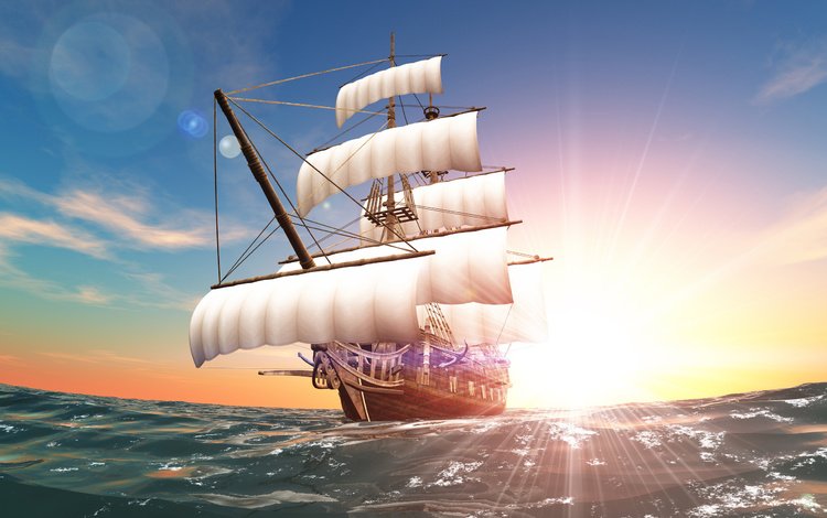 солнце, море, корабль, плавание, паруса, курс, the sun, sea, ship, swimming, sails, course