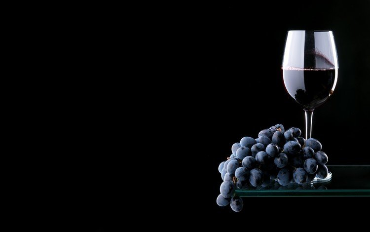 виноград, бокал, черный фон, вино, стекло, гроздь, полка, вино красное, grapes, glass, black background, wine, bunch, shelf, wine red