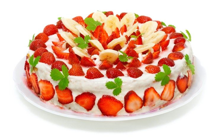 крем для торта, клубника, торт, банан, глазурь, кусочки банана, cream cake, strawberry, cake, banana, glaze, banana slices