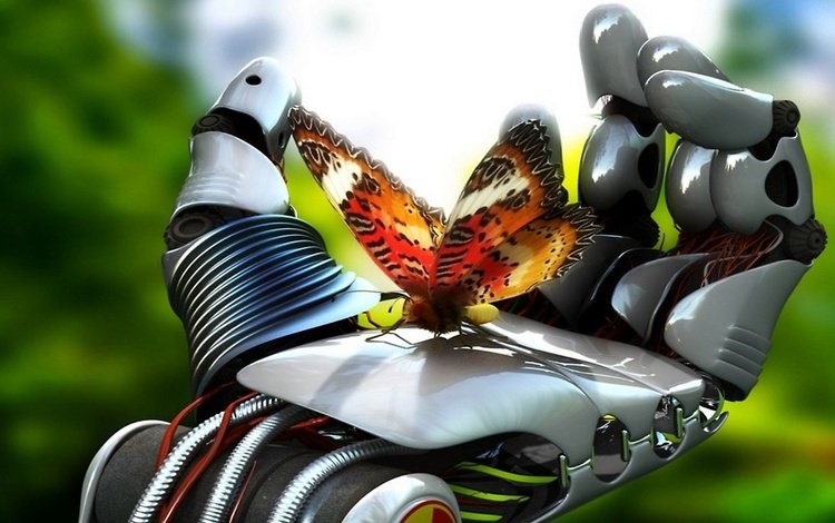 бабочка в ладони робота, butterfly in the palm of the robot