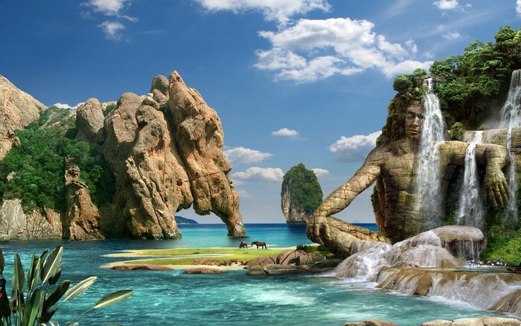 горы, скалы, камни, море, водопад, каменный мужчина, mountains, rocks, stones, sea, waterfall, stone man