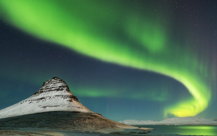 ночь, снег, гора, исландия, киркьюфетль, night, snow, mountain, iceland, kirkjufell