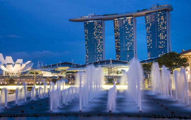 огни, архитектура, голубая, фонтаны, неба, высотки, сингапур, gardens by the bay, ноч, night, lights, architecture, blue, fountains, sky, skyscrapers, singapore