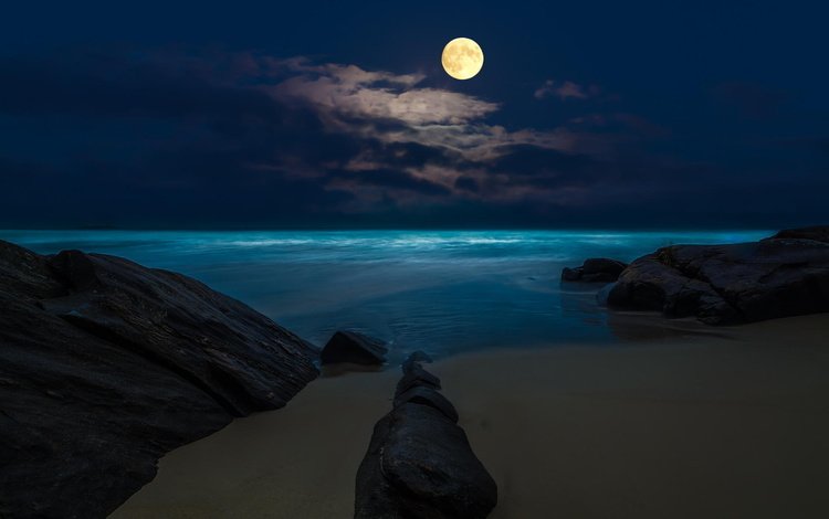 ночь, море, пляж, луна, полнолуние, night, sea, beach, the moon, the full moon