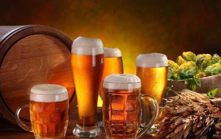 стол, колосья, кружки, стаканы, пиво, хмель, бочонок, table, ears, mugs, glasses, beer, hops, barrel
