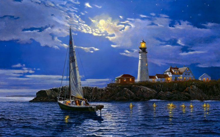 арт, пейзаж, море, маяк, яхта, безмятежность, dave barnhouse, art, landscape, sea, lighthouse, yacht, serenity
