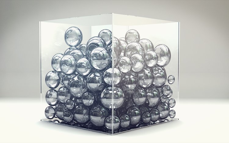 шары, стекло, куб, коробка, рендер, balls, glass, cube, box, render