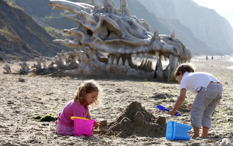 песок, дети, dragon skull, sand, children