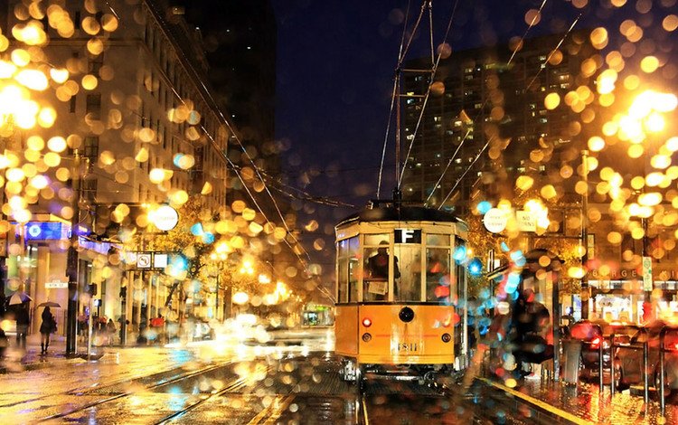ночь, дождь, трамвай, night, rain, tram