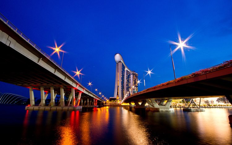 огни, вечер, мост, город, снгапур, lights, the evening, bridge, the city, singapur
