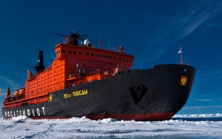 небо, корабль, лёд, 50 лет победы, ледокол, the sky, ship, ice, 50 years of victory, icebreaker