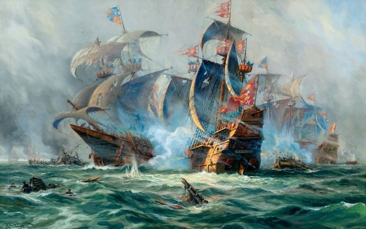картина, корабли, сражение, живопись, парусники, adolf bock, picture, ships, the battle, painting, sailboats