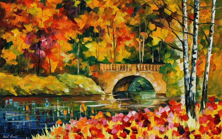 деревья, вода, листья, мост, речка, живопись, trees, water, leaves, bridge, river, painting