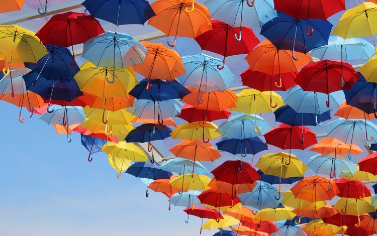 небо, разноцветные, яркие, зонтики, the sky, colorful, bright, umbrellas