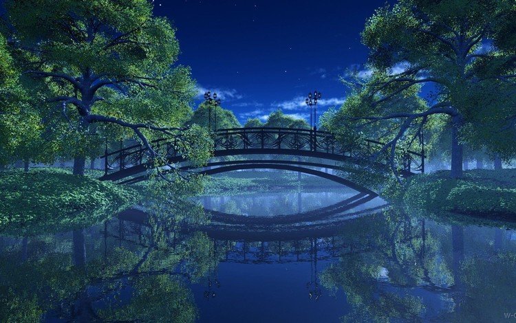 парк река деревья пейзаж ночь мост фонари, park river trees landscape night bridge lights