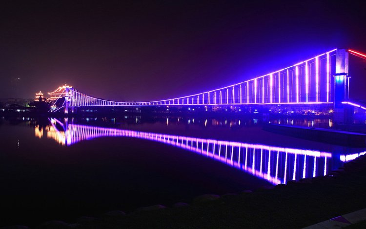 ночь, огни, отражение, мост, night, lights, reflection, bridge