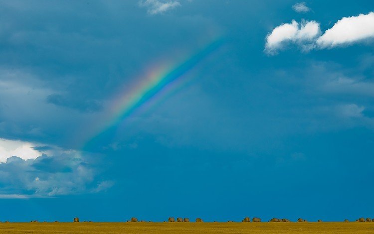 небо, облака, поле, радуга, тюки, прессованное сено, the sky, clouds, field, rainbow, bales, baled hay