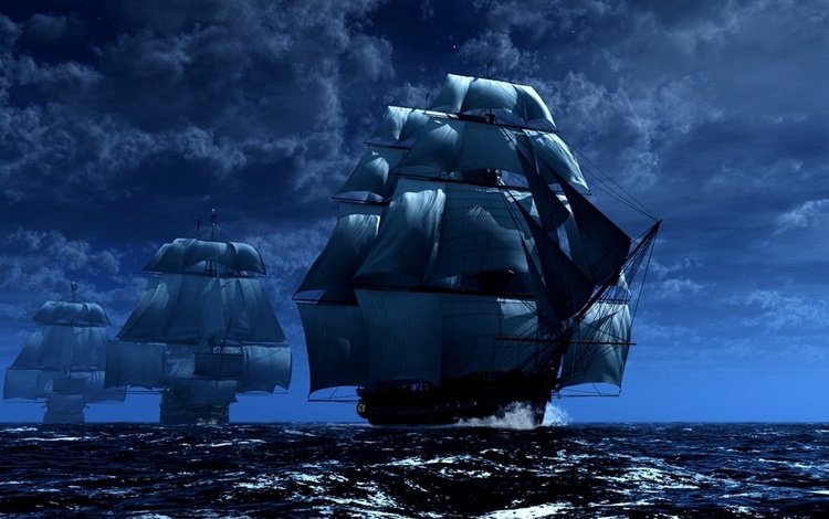 небо, облака, ночь, корабли, звезды, парусник, красиво, трио., the sky, clouds, night, ships, stars, sailboat, beautiful, trio.