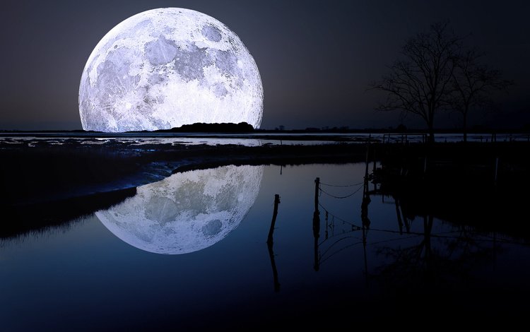 небо, вода, природа, отражение, луна, ночные пейзажи, the sky, water, nature, reflection, the moon, night landscapes